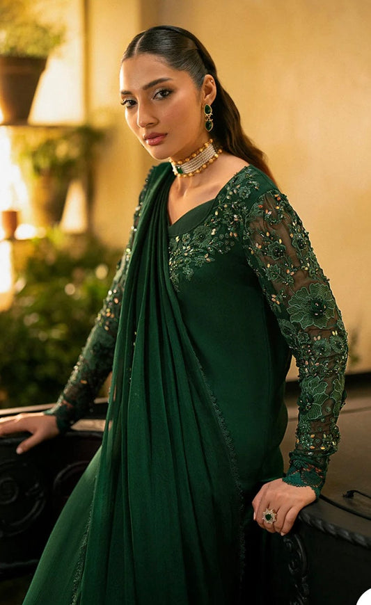 Vanya Bottle Green Chiffon Hand Work Formal Collection