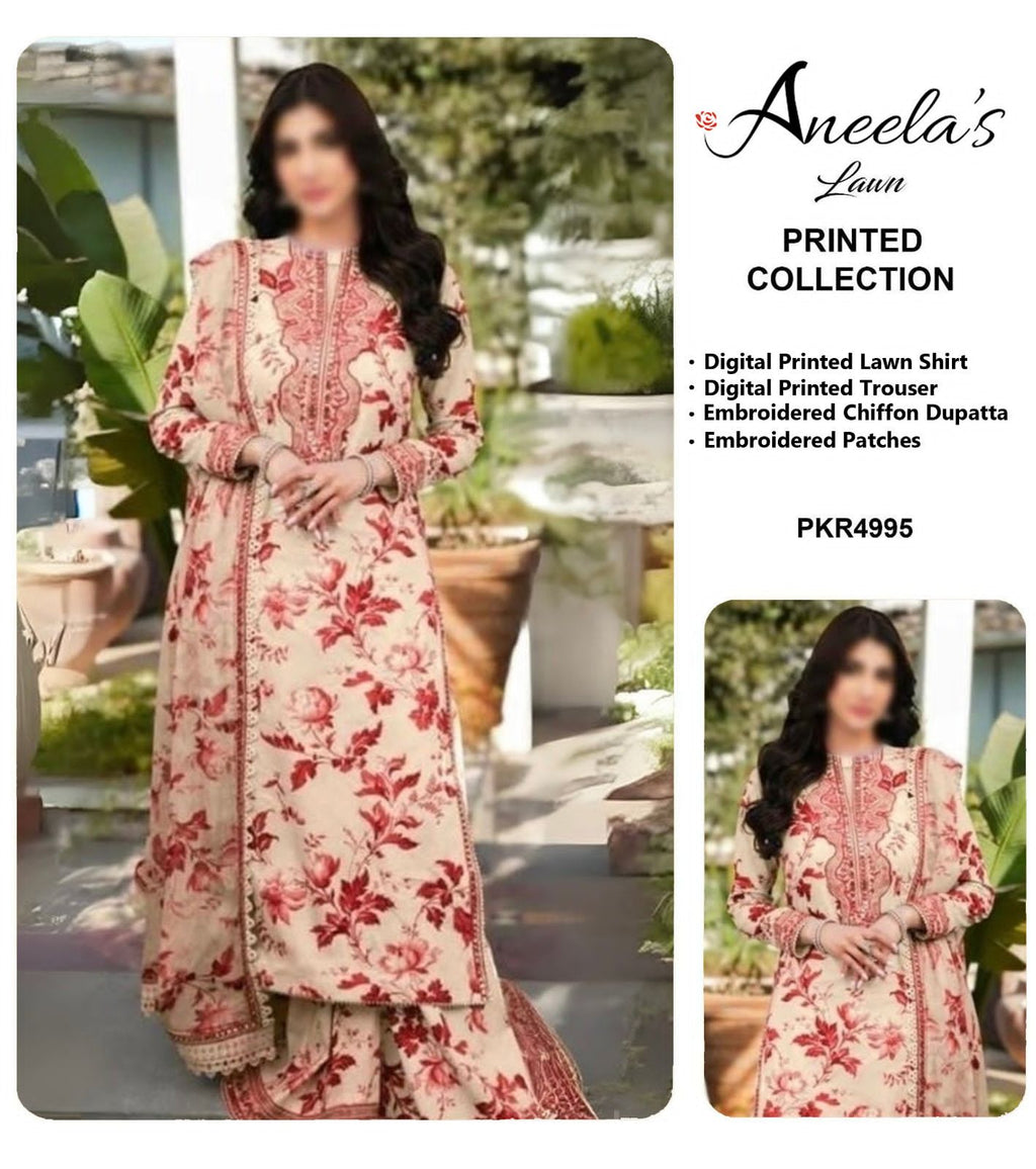 Aneela's Skin Maroon Print Luxury Lawn Embroidered 3Piece Unstitched