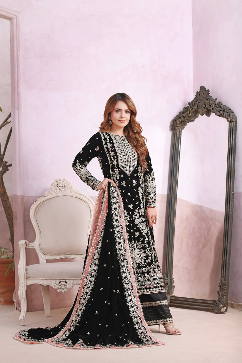 Aneela,s black Velvet Micro 9000 Embroidered 3piece Unstitched