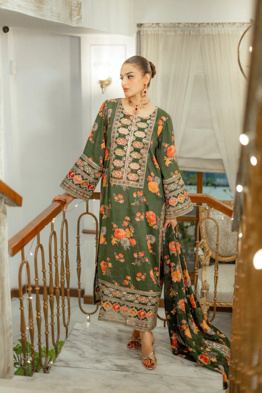 Aneela's Green Luxury Silk Digital Print Embroidered 3Piece Unstitched  SC-1331