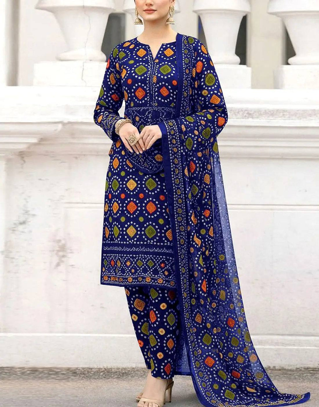 Aneela's Chundri Blue Printed Lawn Embroidered 3Piece Unstitched