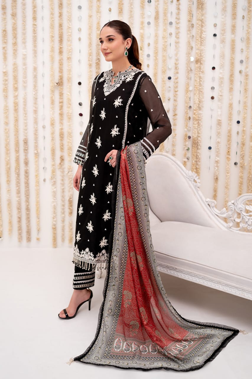 So Kamal Black Chiffon Formal Collection Embroidery Dress 3pc SC 1231