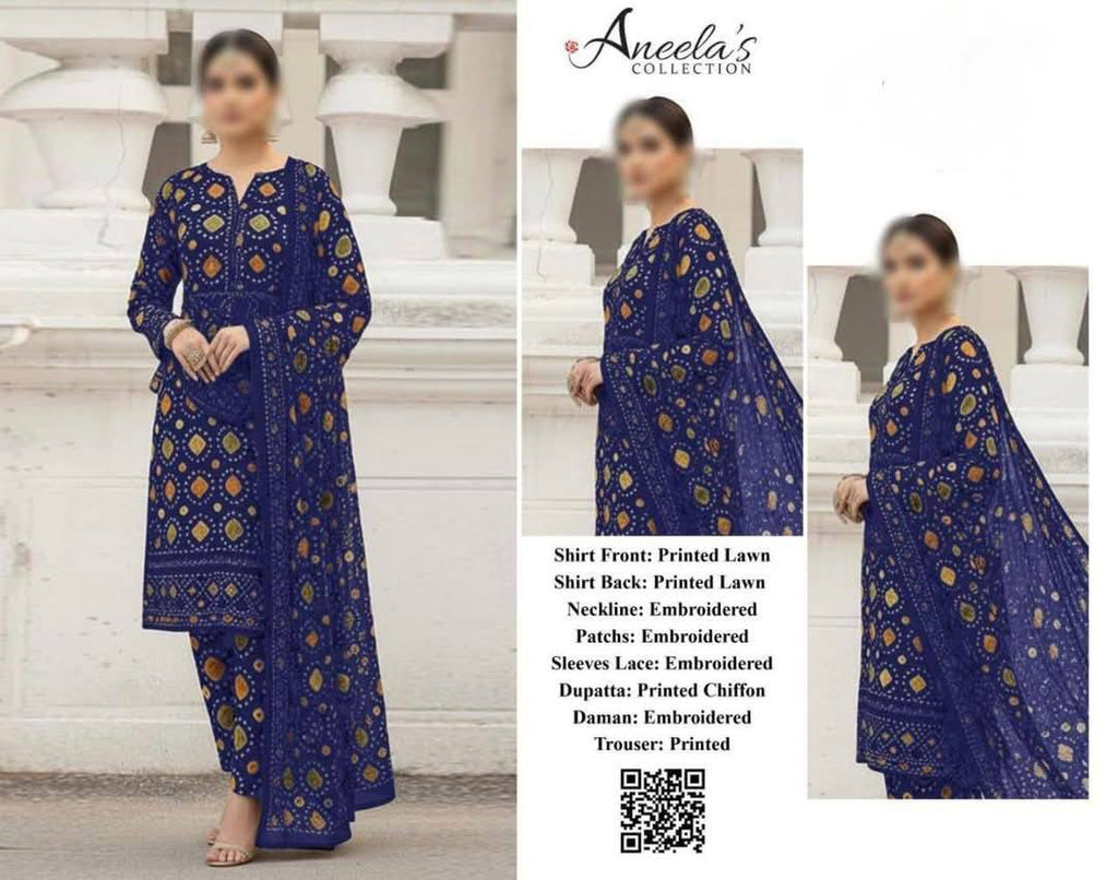 Aneela's Chundri Blue Printed Lawn Embroidered 3Piece Unstitched