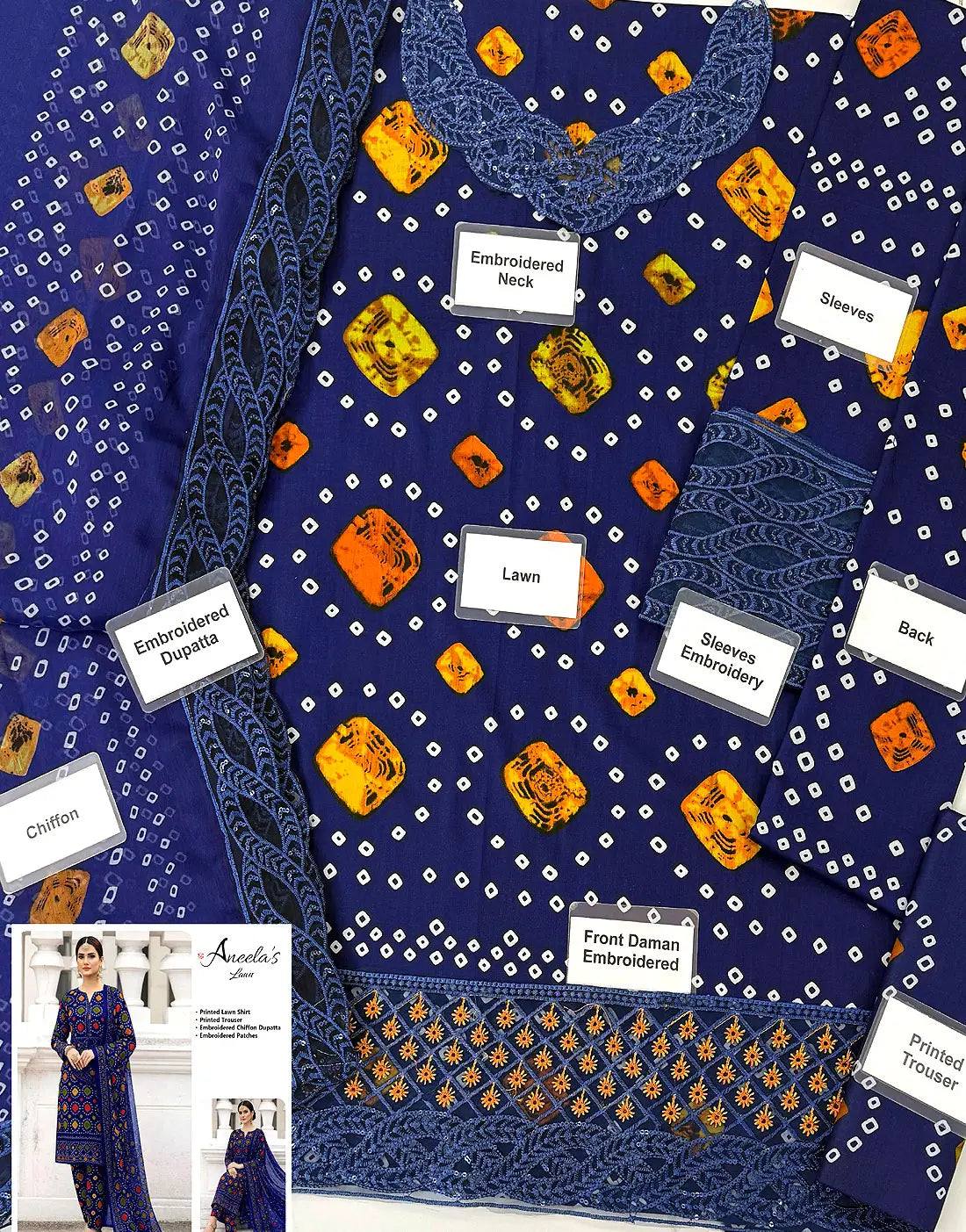 Aneela's Chundri Blue Printed Lawn Embroidered 3Piece Unstitched