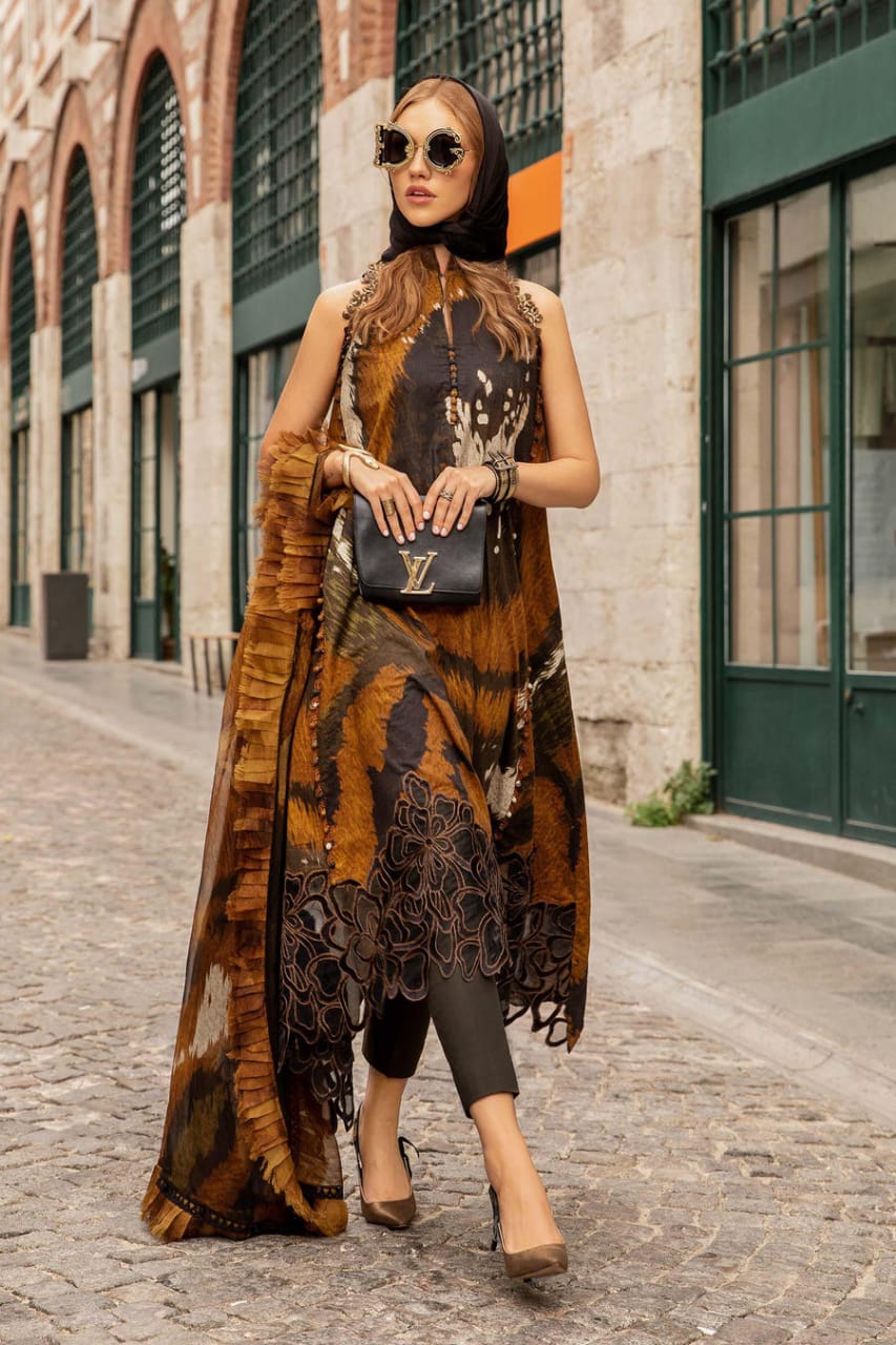 Maria B Golden Brown Pure Lawn New Arrival Embroidery Dress 3pc SC 1154