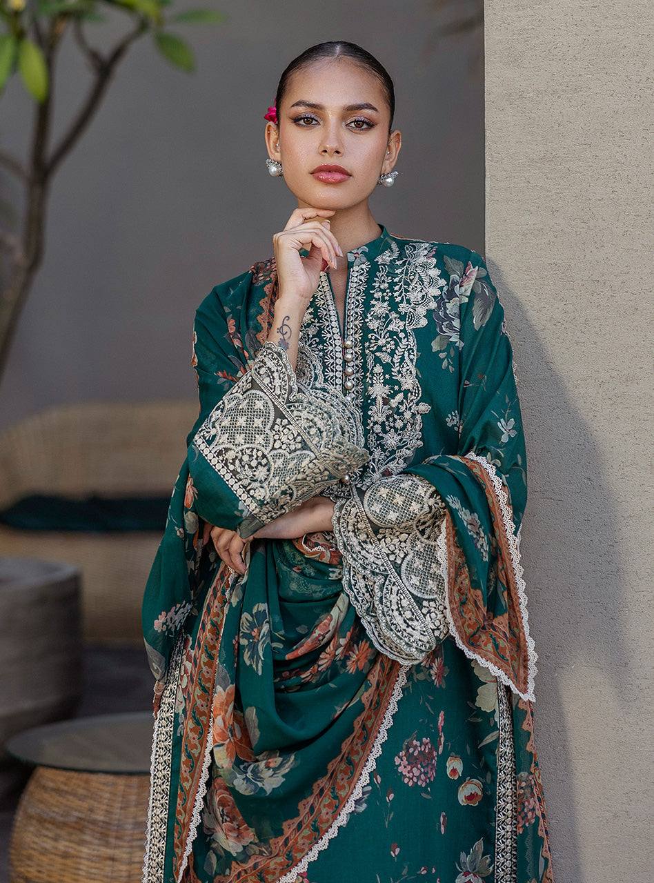 Zainab Chottani Bottle Green Embroidered Printed Lawn 3PC Unstitched