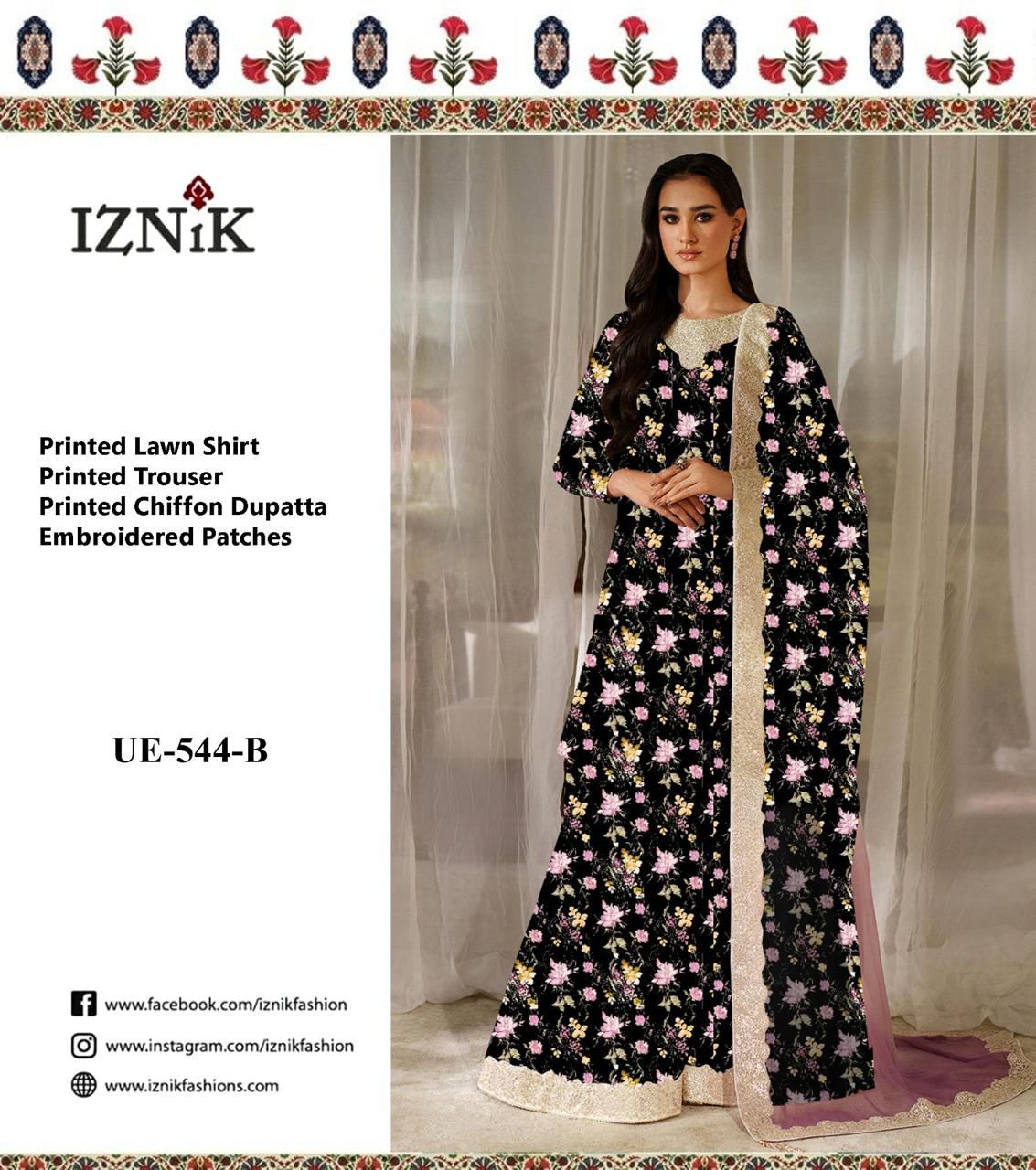 Iznik Black 544-B Embroidered Printed Lawn 3PC Unstitched