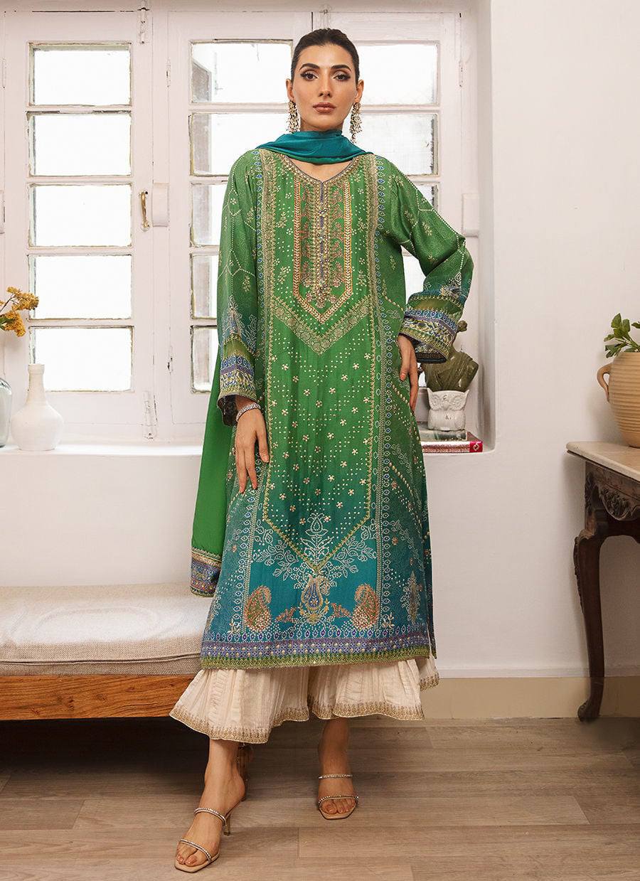 Farah Talib Aziz Green Lawn Prented Embroided 3 piece Unstitched