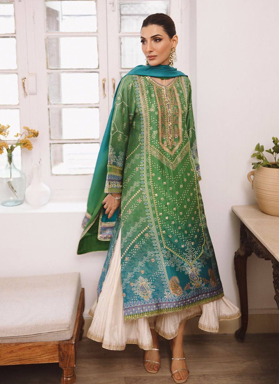 Farah Talib Aziz Green Lawn Prented Embroided 3 piece Unstitched