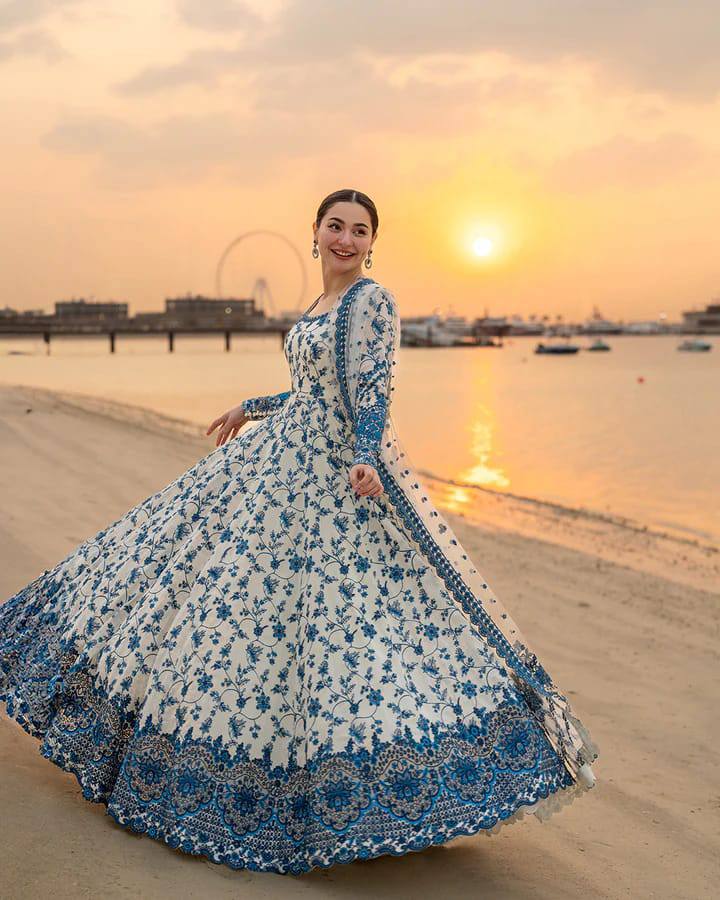 Faiza Saqlain White Blue Luxury Lawn Embroidery Frock Untitched