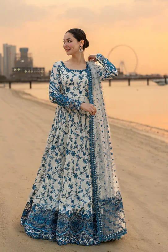Faiza Saqlain White Blue Luxury Lawn Embroidery Frock Untitched