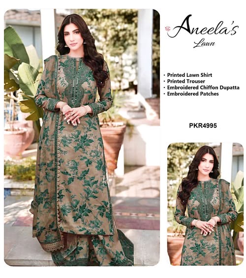 Aneela's Brown Green Print Luxury Lawn Embroidered 3Piece Unstitched