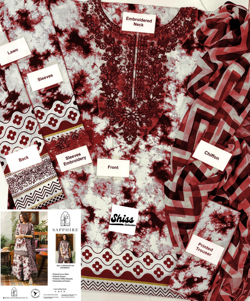 Sapphire V 210 Maroon New Arrival Lawn Emb 3pc Unstitched
