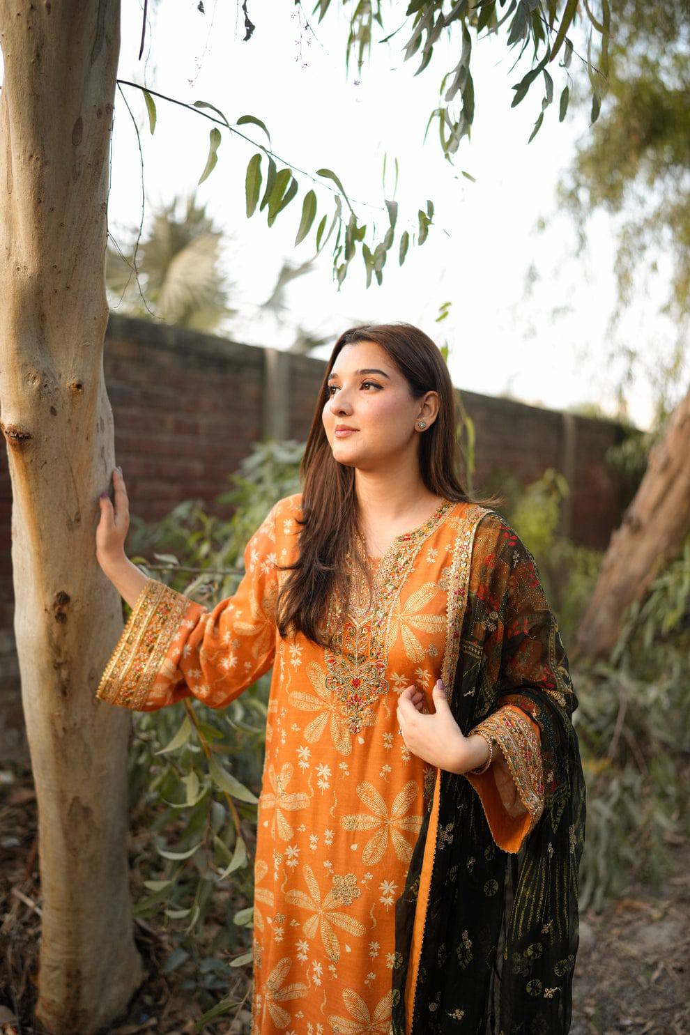 Aneela' Green Orange Printed Luxury Lawn Embroidered 3Piece Unstitched