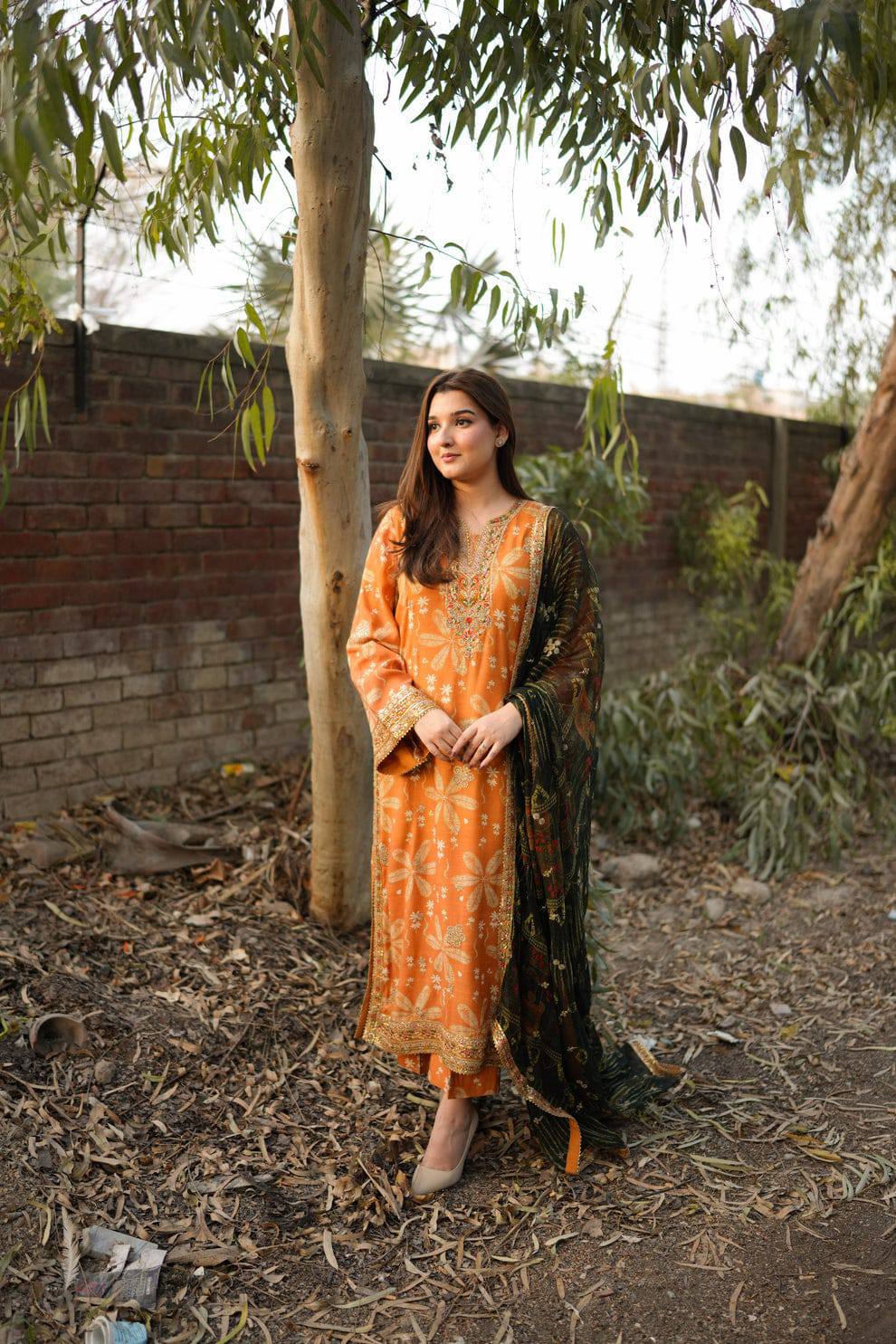 Aneela' Green Orange Printed Luxury Lawn Embroidered 3Piece Unstitched