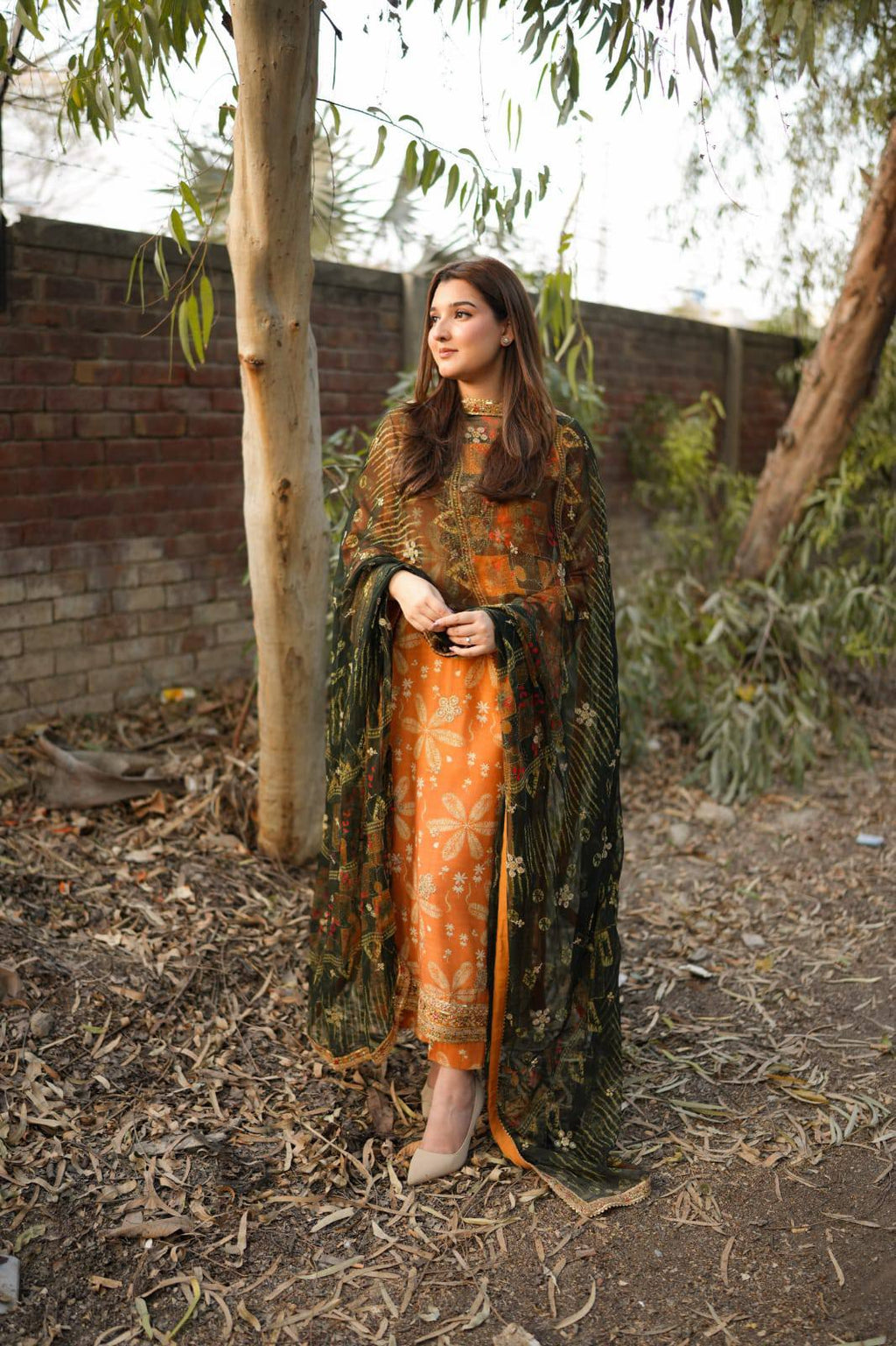 Aneela' Green Orange Printed Luxury Lawn Embroidered 3Piece Unstitched