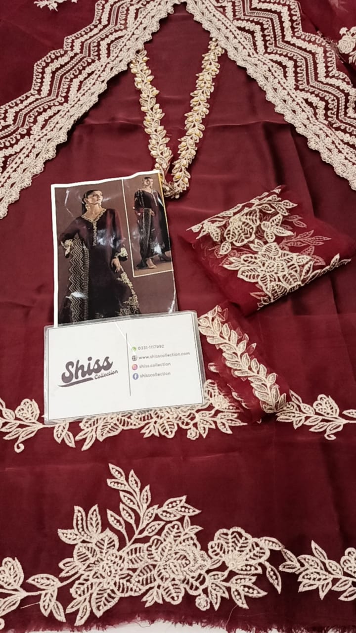 Zarsha Maroon Silk Hand Work Party Wear Collection 3pc Unstitched  SC-1323