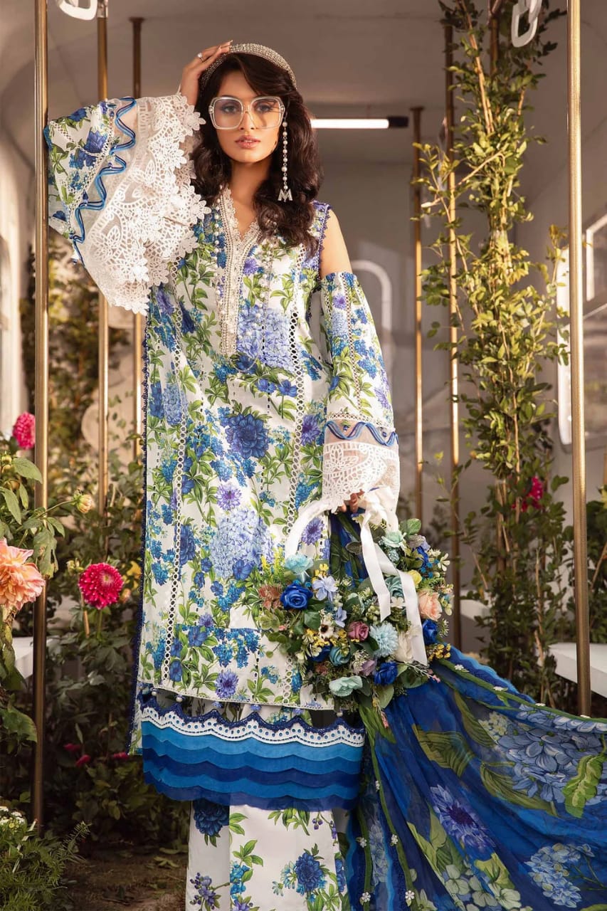 MARIA B MPRINT BLUE & WHITE DIGITAL LAWN EMB DRESS SC 1174
