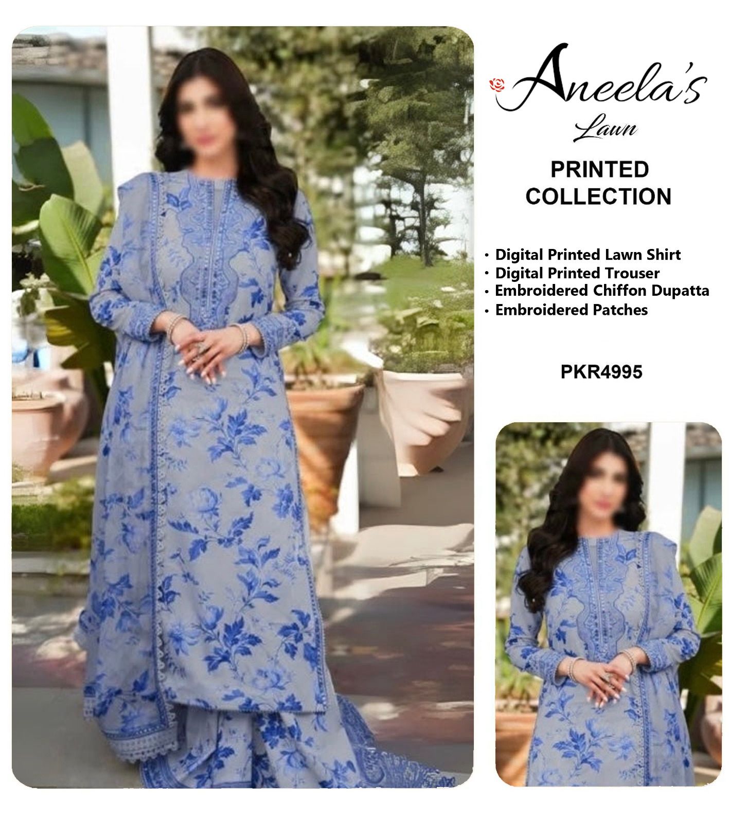 Aneela's Blue Gray Print Luxury Lawn Embroidered 3Piece Unstitched