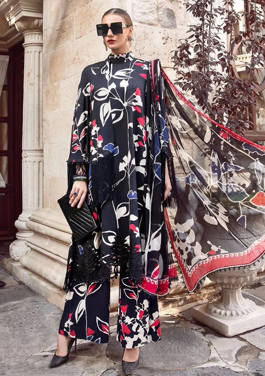 MARIA B NAVY BLUE FLOWER DIGITAL PRINT EMB PURE LAWN 3PC SC 1176