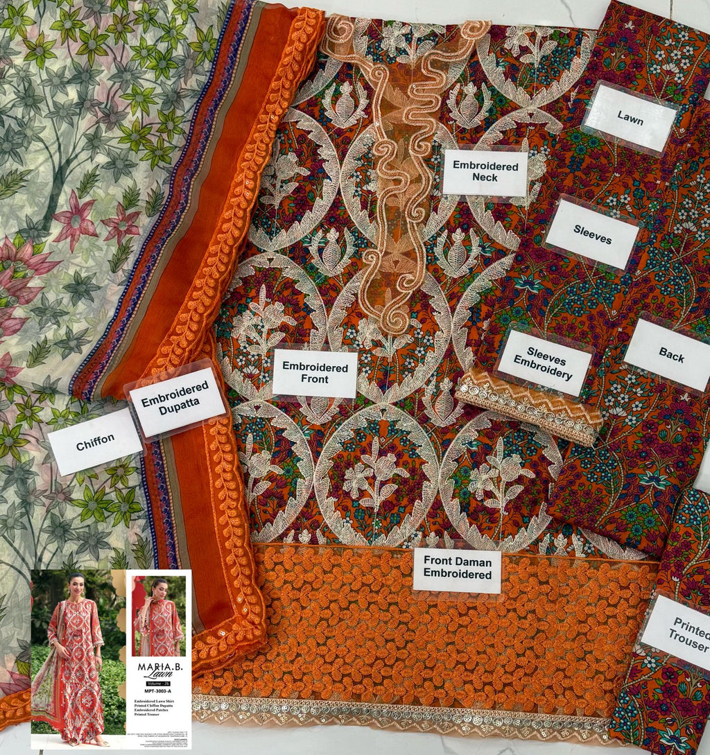 Maria B 3=A Rust Full Printed Lawn Summer'26 Embroidered 3Piece Unstitched