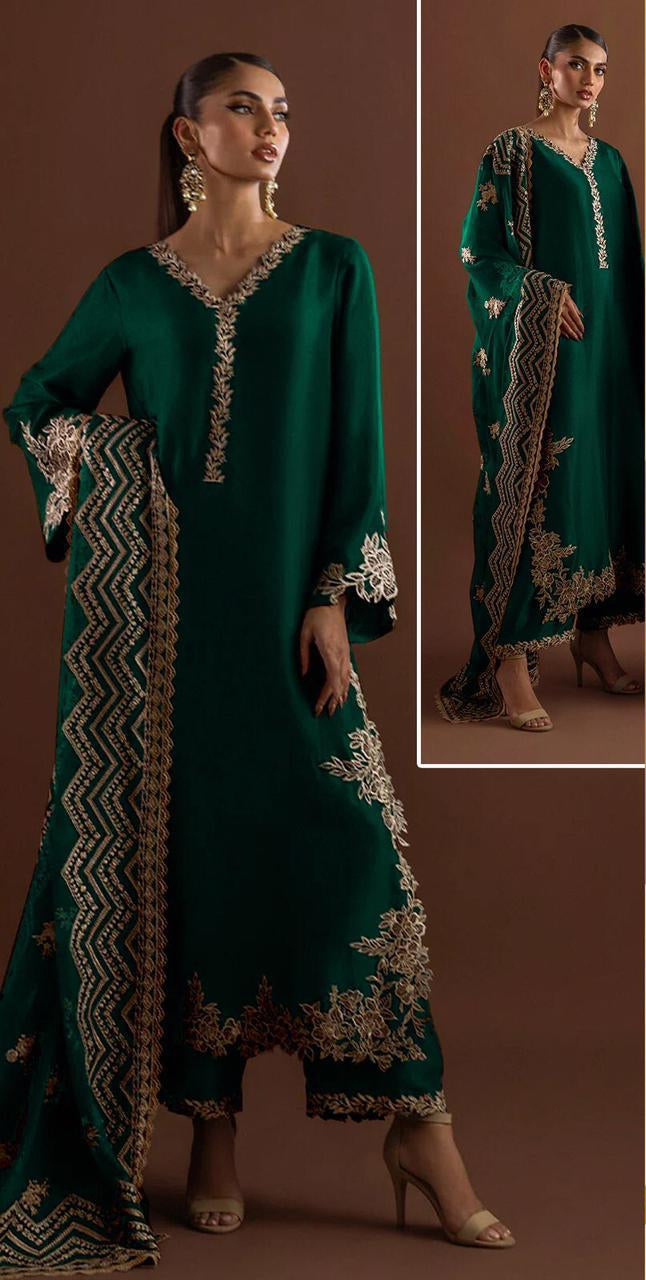 Zarsha Bottel Green Silk Hand Work Party Wear Collection 3pc Unstitched  SC-1324