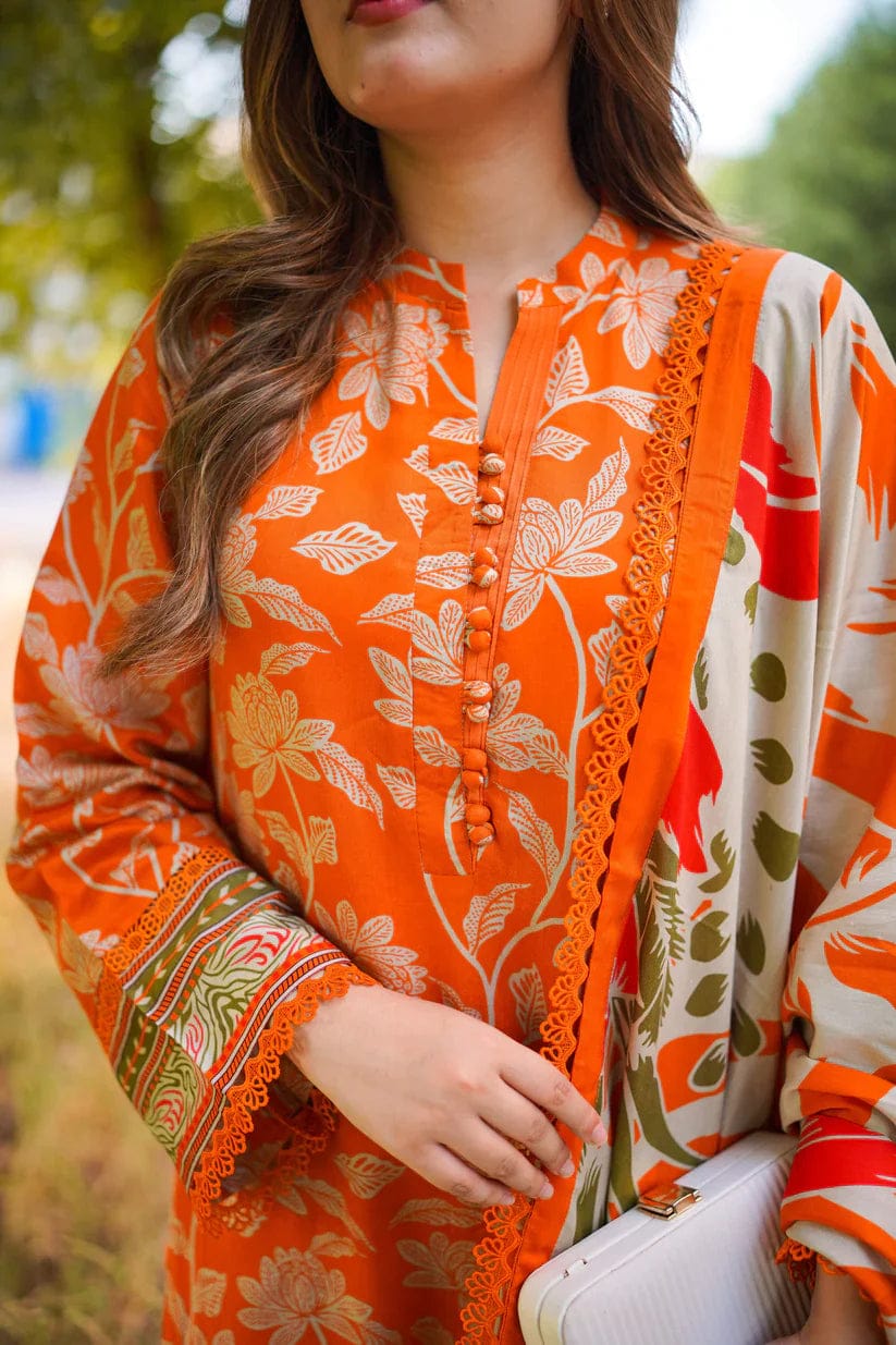Aneela's orange Printed Luxury Lawn Embroidered 3Piece Unstitched