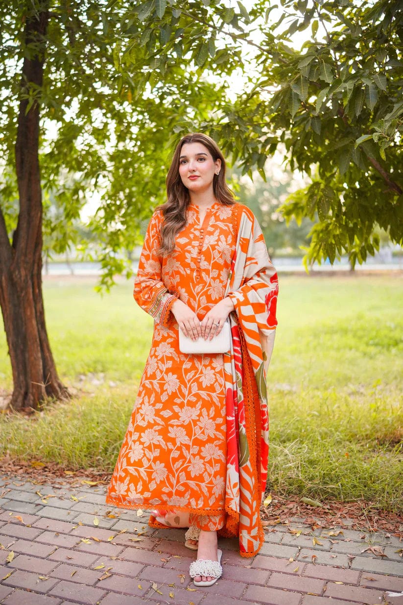 Aneela's orange Printed Luxury Lawn Embroidered 3Piece Unstitched