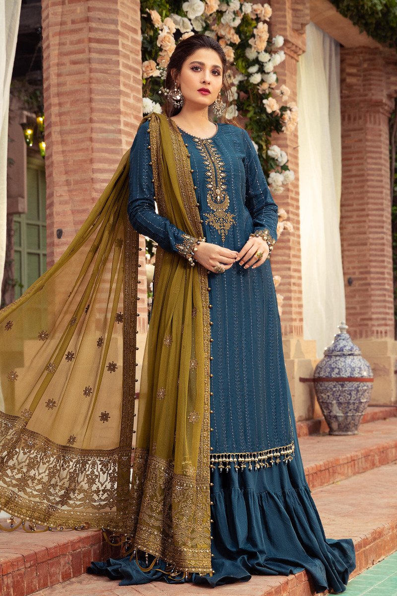 Sateen Blue Chiffon Embroidey 3Piece Unstitched