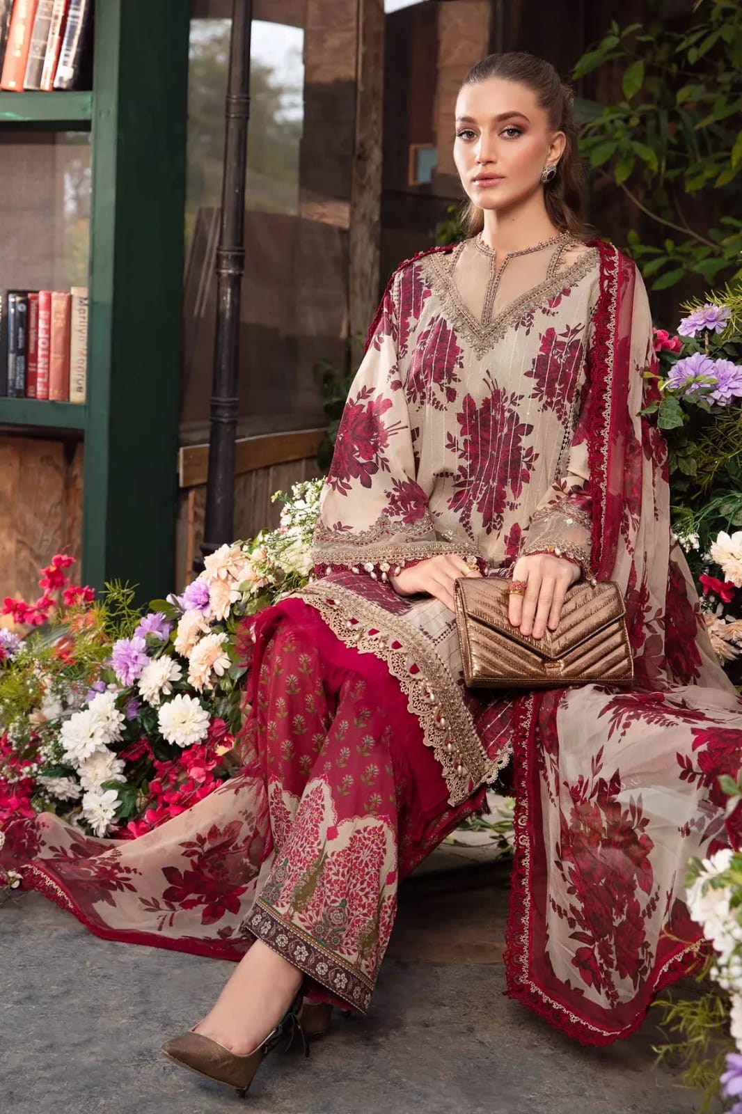 MARIA B MAROON SEQUENCE PURE LAWN EMBROIDERY 3PC SC 1173