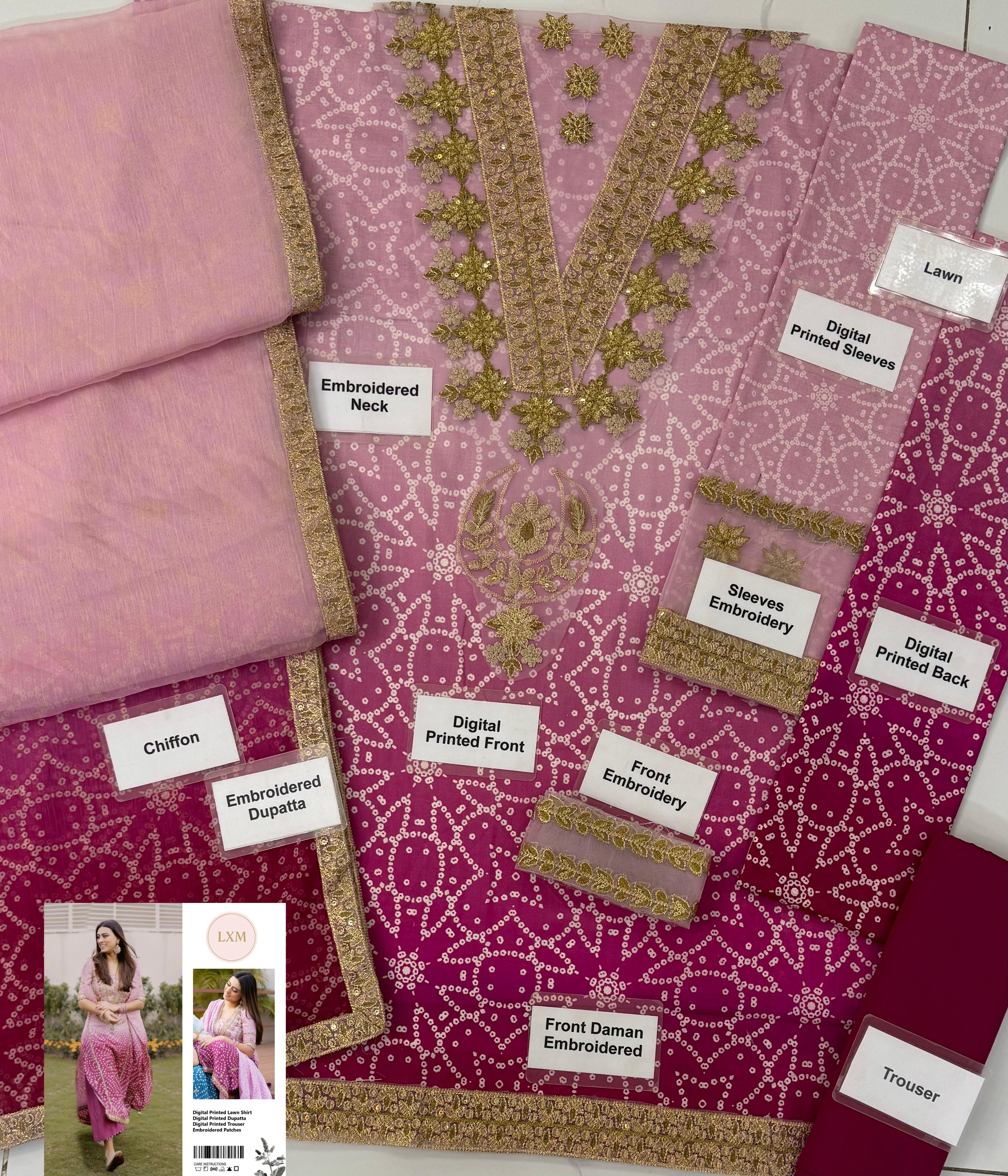 Lxm Pink Printed Lawn New Arrival Embroidry 3 Piece Unstitched