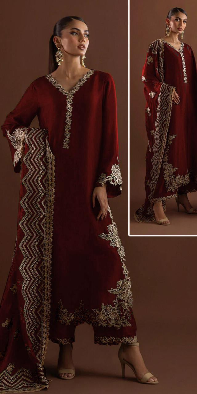 Zarsha Maroon Silk Hand Work Party Wear Collection 3pc Unstitched  SC-1323