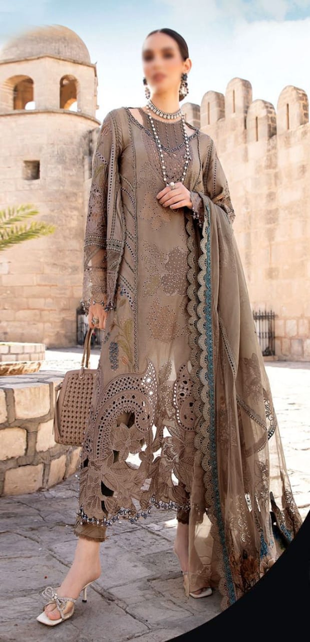 Maria B Chikankari Brown Luxury Embroidery Dress Pure Cotton Lawn 3pc  SC 1140
