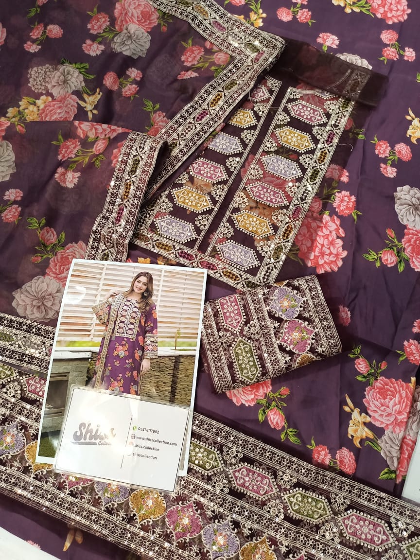 Aneela's Magetna Luxury Silk Digital Print Embroidered 3Piece Unstitched