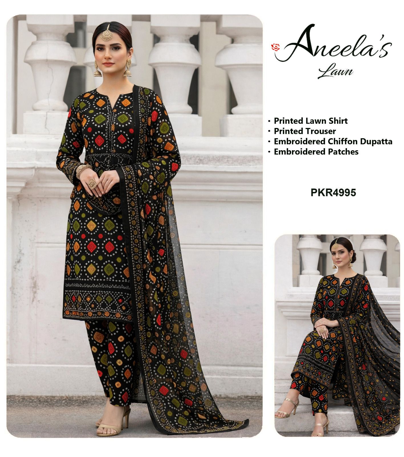 Aneela's Chundri Black Printed Lawn Embroidered 3Piece Unstitched
