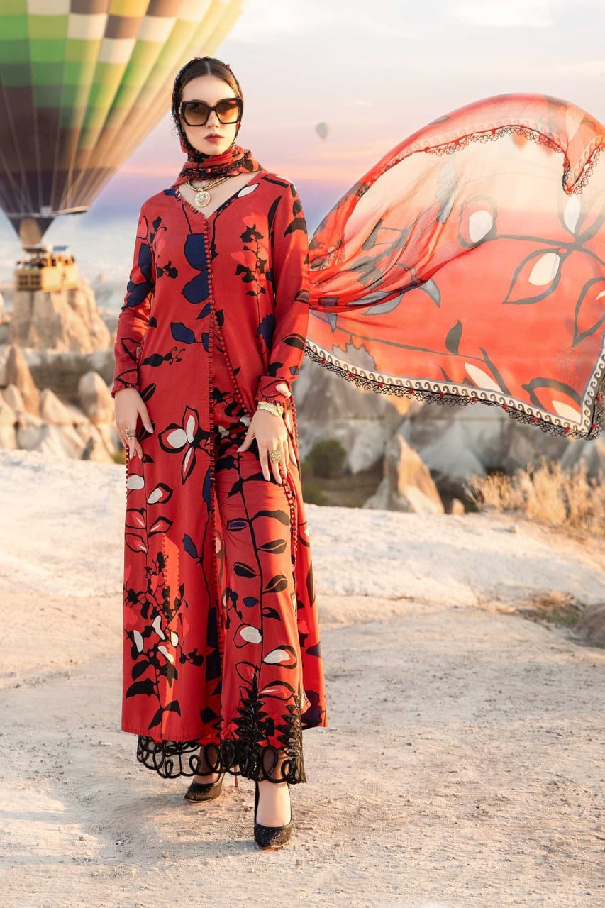 MARIA B RED FLOWER DIGITAL PRINT EMB PURE LAWN 3PC SC 1183