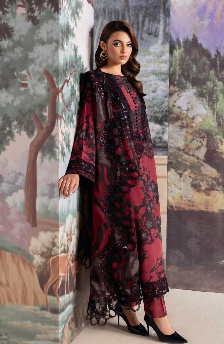 Ramsha Black Red Chiffon Duptta Lawn Emb Summer Collection 3pc Unstitched  SC-1326