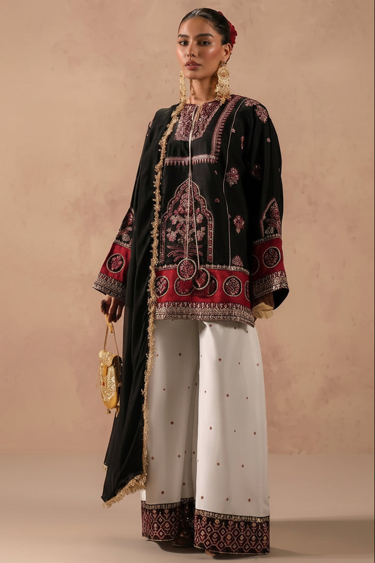 Shiss Black Luxury Silk Embroidery 3 Piece Unstitched