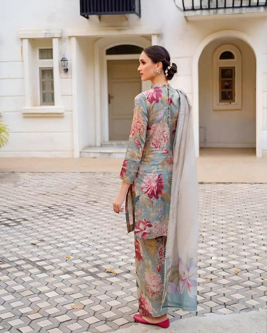 Iznik Sky Multi Flower Digital Print Full Suit & Embroidery Dress