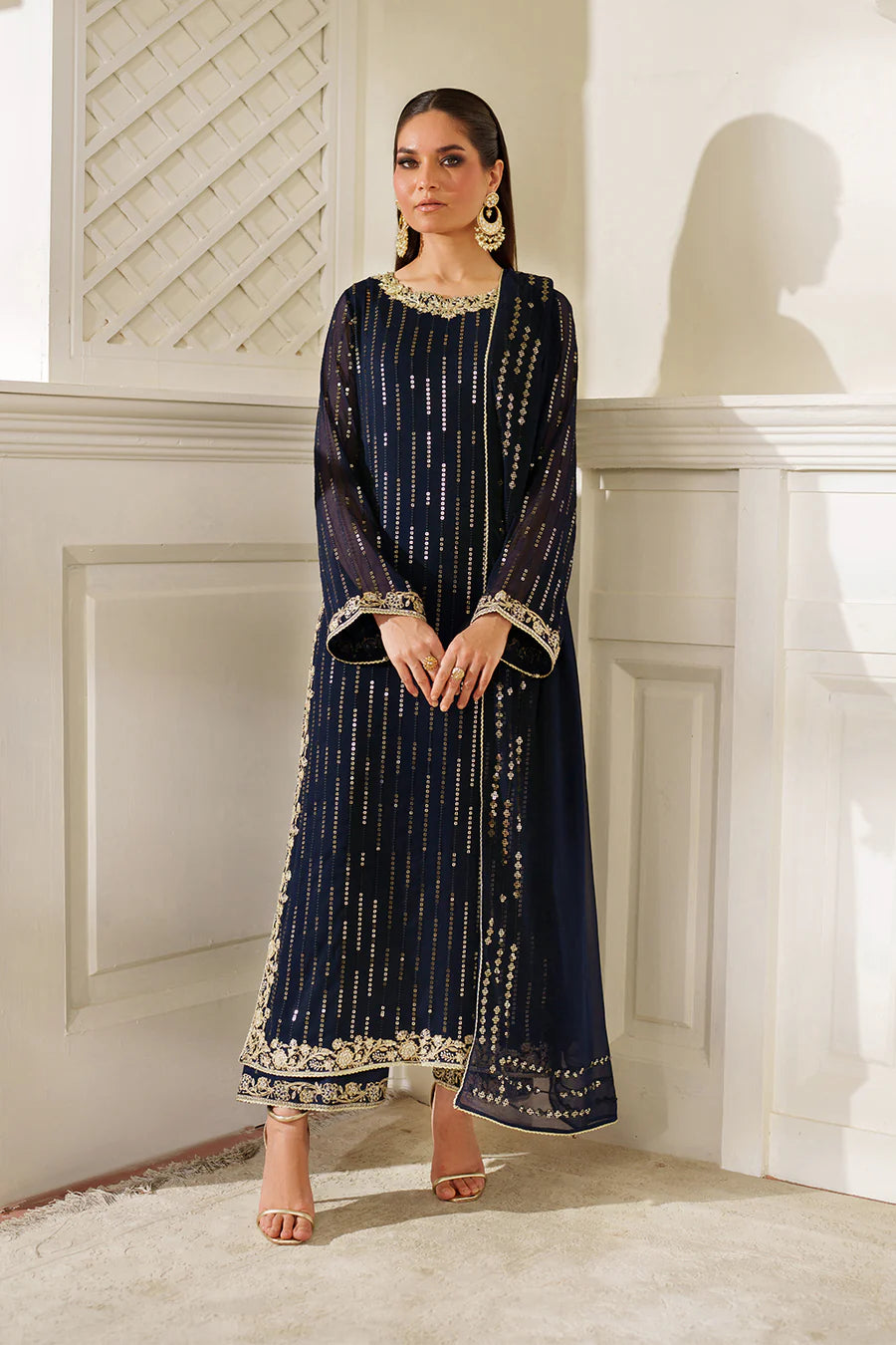 Iznik Blue Chiffon Embroidery Formal Wear 3pc Unstitched