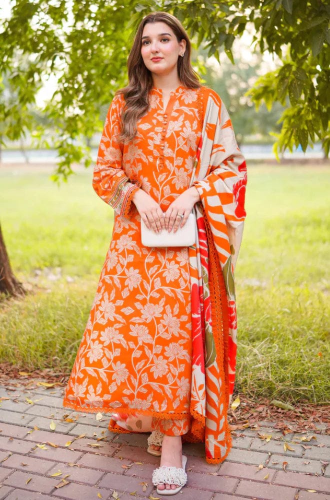 Aneela's orange Printed Luxury Lawn Embroidered 3Piece Unstitched