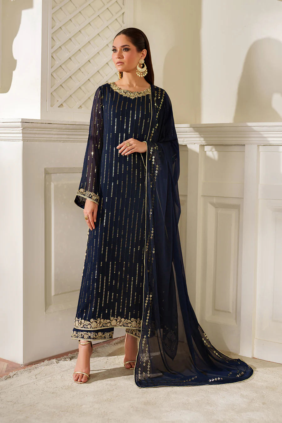 Iznik Blue Chiffon Embroidery Formal Wear 3pc Unstitched