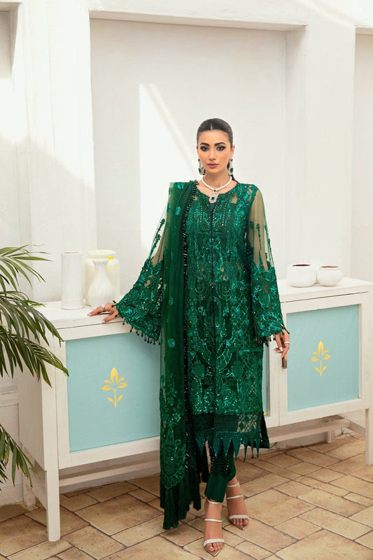 Maryam Hussain Bottle Green Chiffon Dress Formal Collection