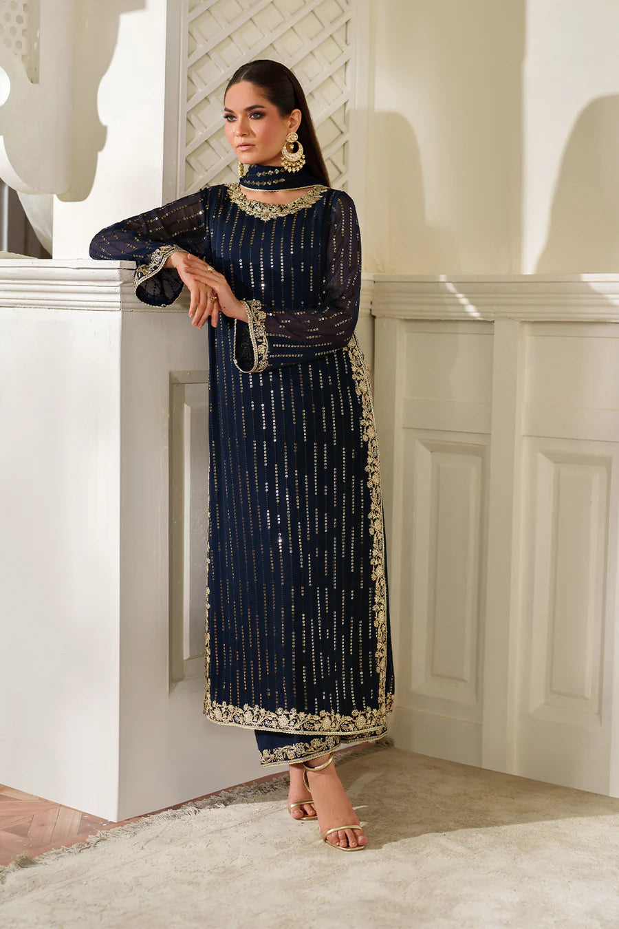 Iznik Blue Chiffon Embroidery Formal Wear 3pc Unstitched