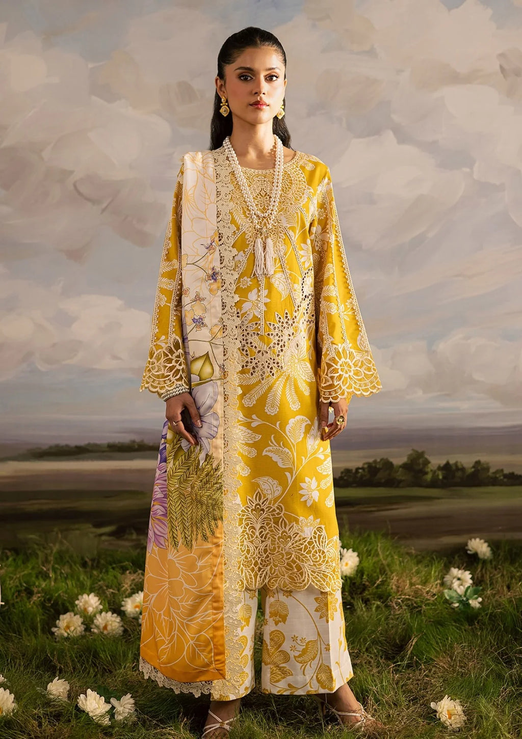 Mahnur Yellow K-03 Luxury Lawn Embroidery 3piece Unstitched