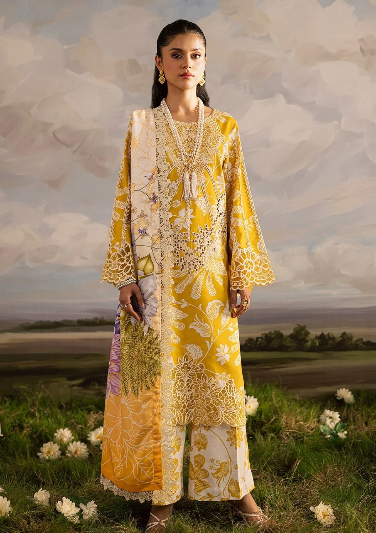 Mahnur Yellow K-03 Luxury Lawn Embroidery 3piece Unstitched