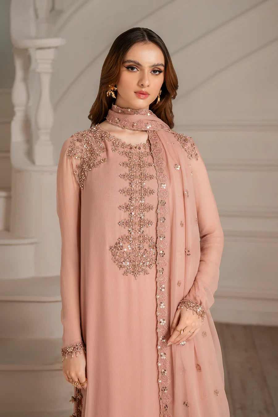 Iznik Tea Pink Chiffon Embroidery Hand Work 3Piece Unstitched