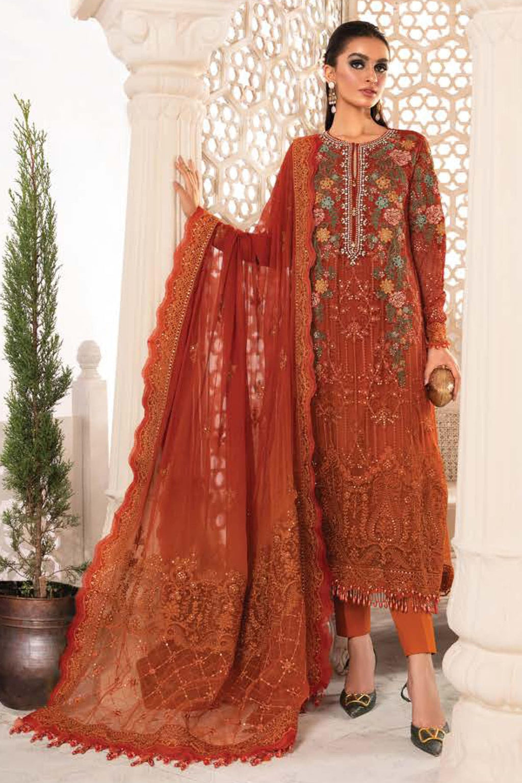 Maria B Chiffon Burnt Orange and Rust Formal Collection SC 1139