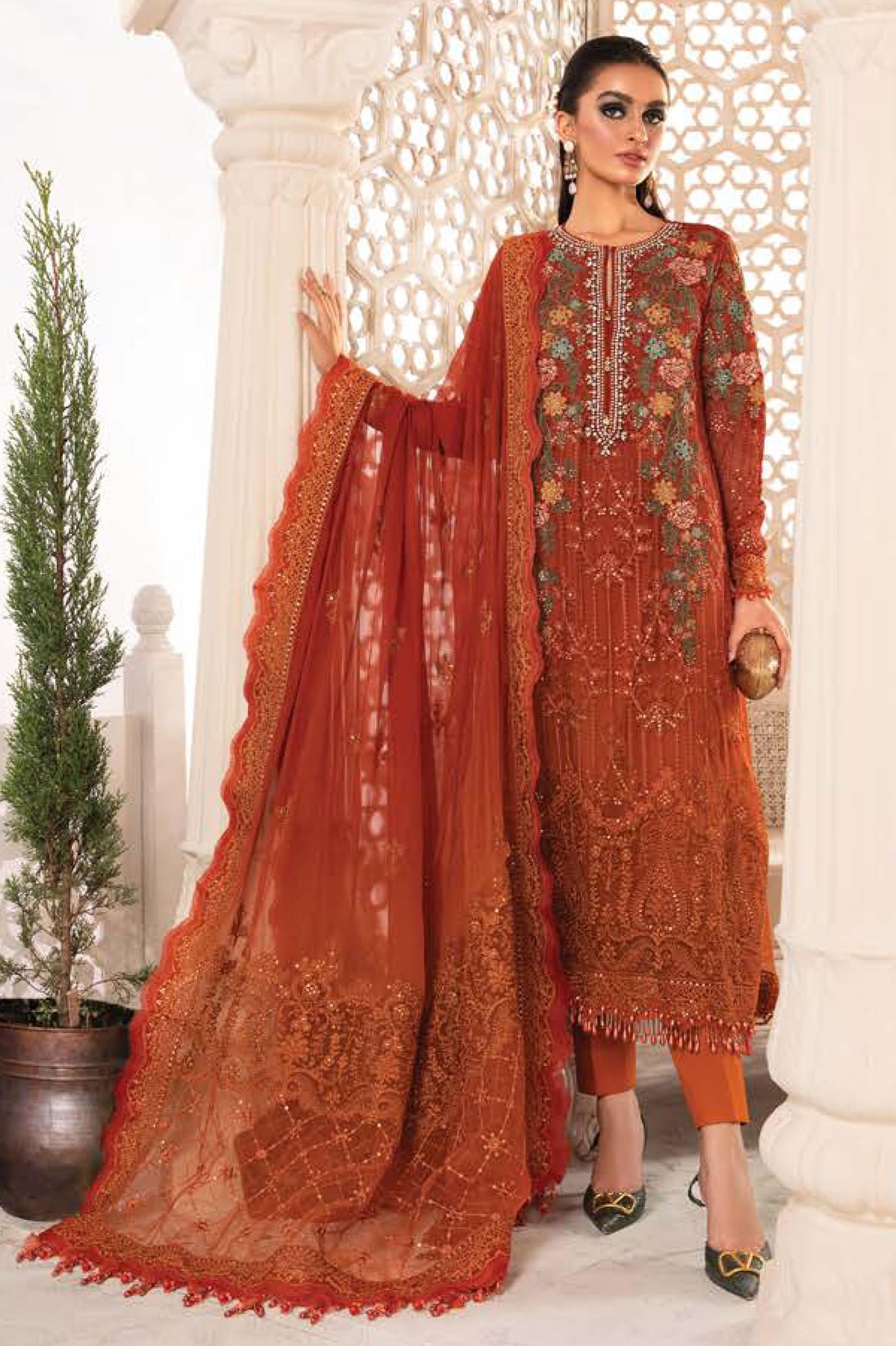 Maria B Chiffon Burnt Orange and Rust Formal Collection SC 1139