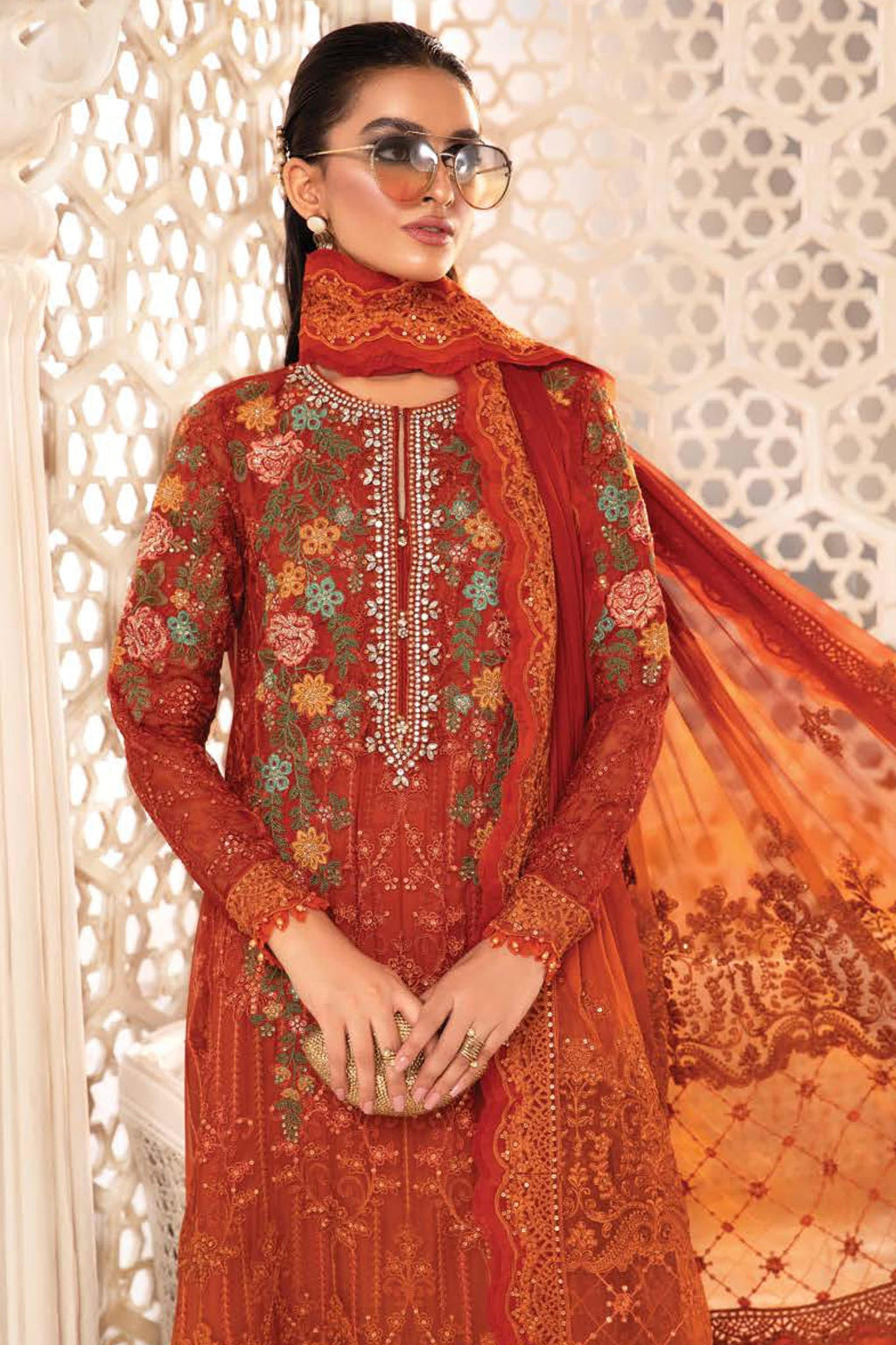 Maria B Chiffon Burnt Orange and Rust Formal Collection SC 1139